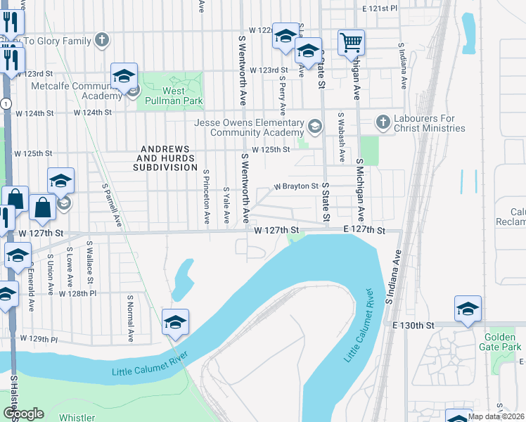map of restaurants, bars, coffee shops, grocery stores, and more near 145 West 126th Place in Chicago
