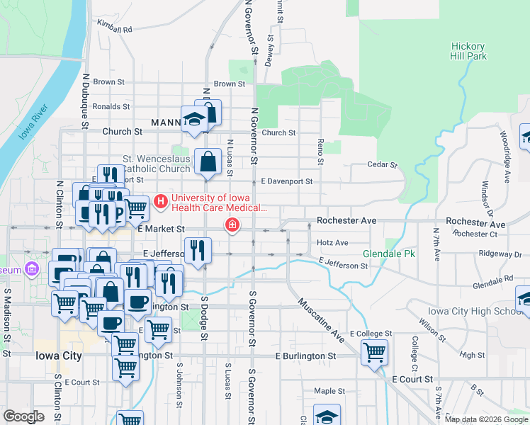 map of restaurants, bars, coffee shops, grocery stores, and more near 208 North Governor Street in Iowa City