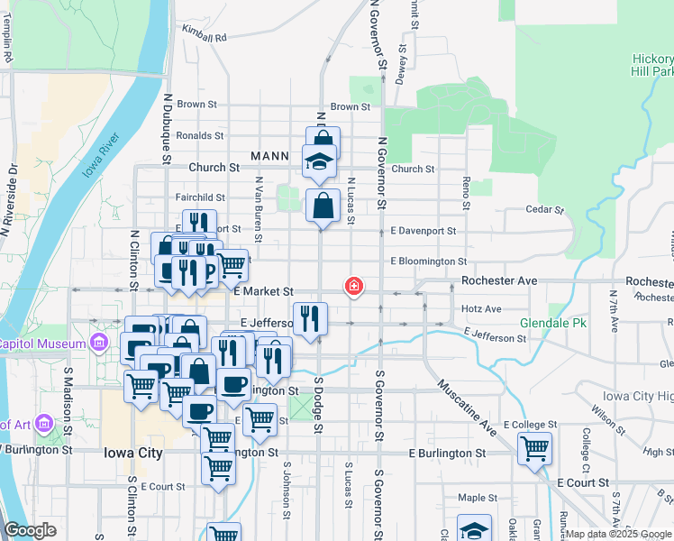 map of restaurants, bars, coffee shops, grocery stores, and more near 218 North Dodge Street in Iowa City