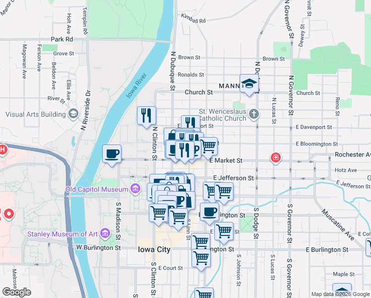 map of restaurants, bars, coffee shops, grocery stores, and more near 210 North Linn Street in Iowa City