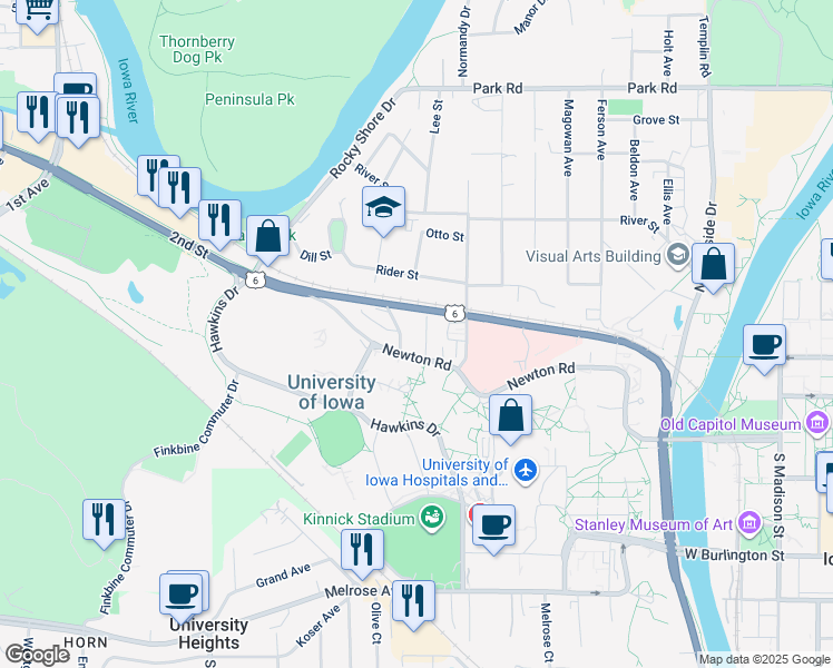 map of restaurants, bars, coffee shops, grocery stores, and more near 24 Lincoln Avenue in Iowa City
