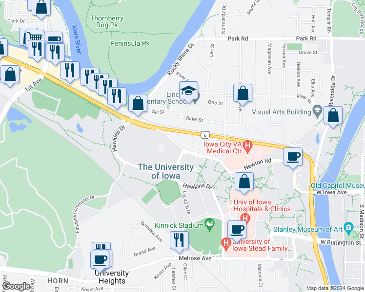 map of restaurants, bars, coffee shops, grocery stores, and more near 1 Elliott Drive in Iowa City