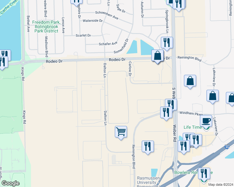 map of restaurants, bars, coffee shops, grocery stores, and more near 901 Carlow Drive in Bolingbrook