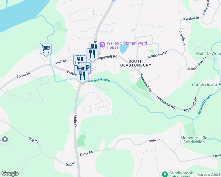 map of restaurants, bars, coffee shops, grocery stores, and more near 124 South Mill Drive in Glastonbury
