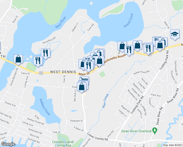 map of restaurants, bars, coffee shops, grocery stores, and more near 371 Main Street in Dennis