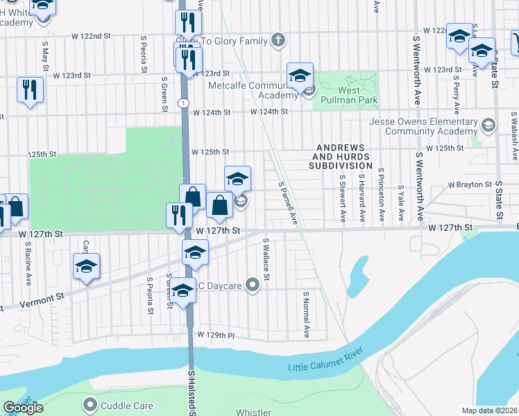 map of restaurants, bars, coffee shops, grocery stores, and more near 12635 South Lowe Avenue in Chicago