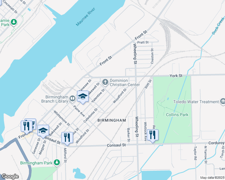 map of restaurants, bars, coffee shops, grocery stores, and more near 2413 Caledonia Street in Toledo