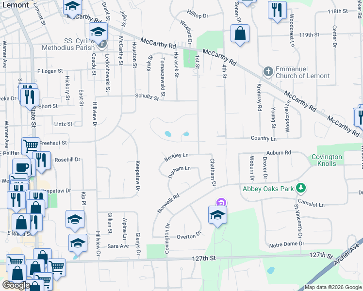 map of restaurants, bars, coffee shops, grocery stores, and more near 1111 Berkley Lane in Lemont