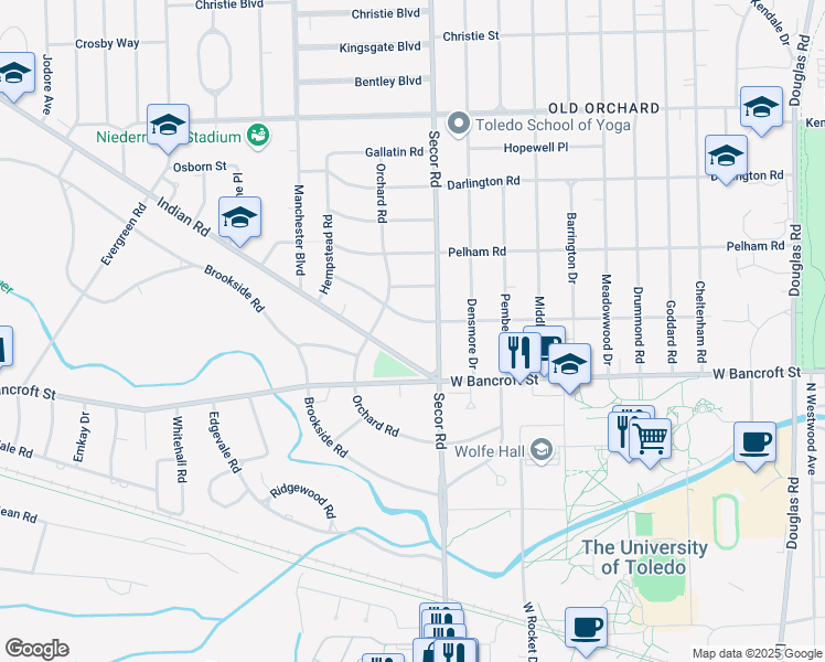 map of restaurants, bars, coffee shops, grocery stores, and more near 3323 Brantford Road in Toledo