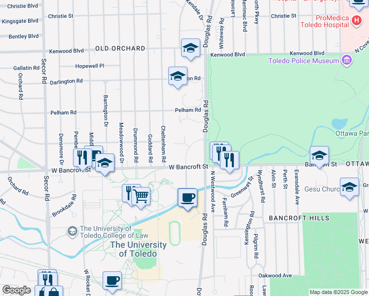 map of restaurants, bars, coffee shops, grocery stores, and more near 2239 University Hills Boulevard in Toledo