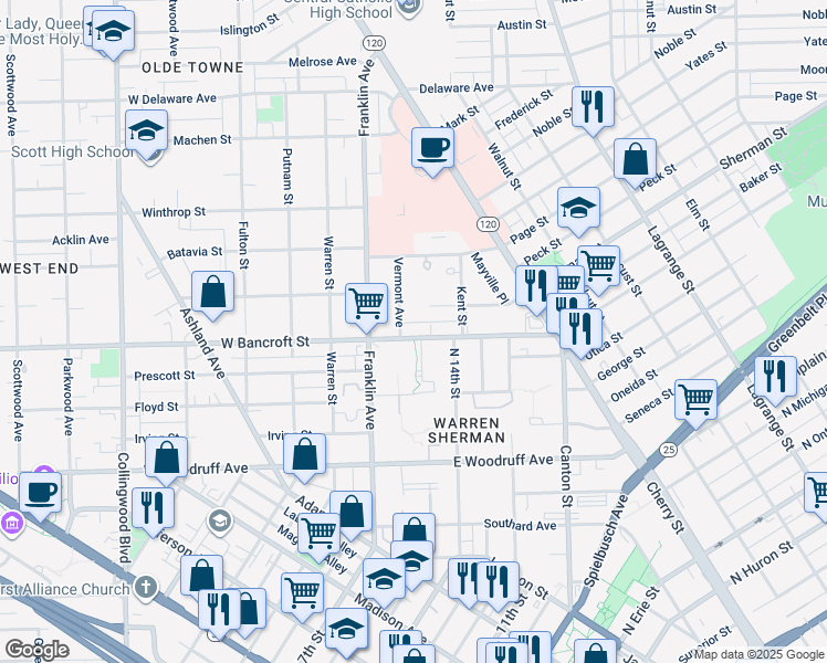 map of restaurants, bars, coffee shops, grocery stores, and more near 115 East Bancroft Street in Toledo