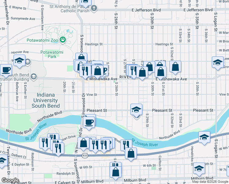 map of restaurants, bars, coffee shops, grocery stores, and more near 1005 South 26th Street in South Bend