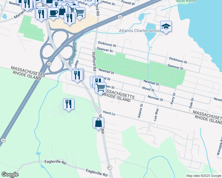 map of restaurants, bars, coffee shops, grocery stores, and more near 147 Norman Street in Fall River