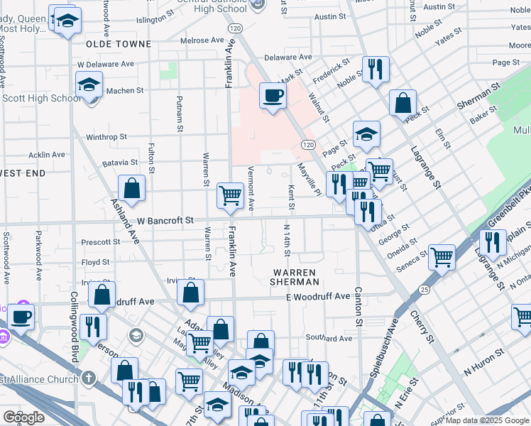 map of restaurants, bars, coffee shops, grocery stores, and more near 121 East Bancroft Street in Toledo
