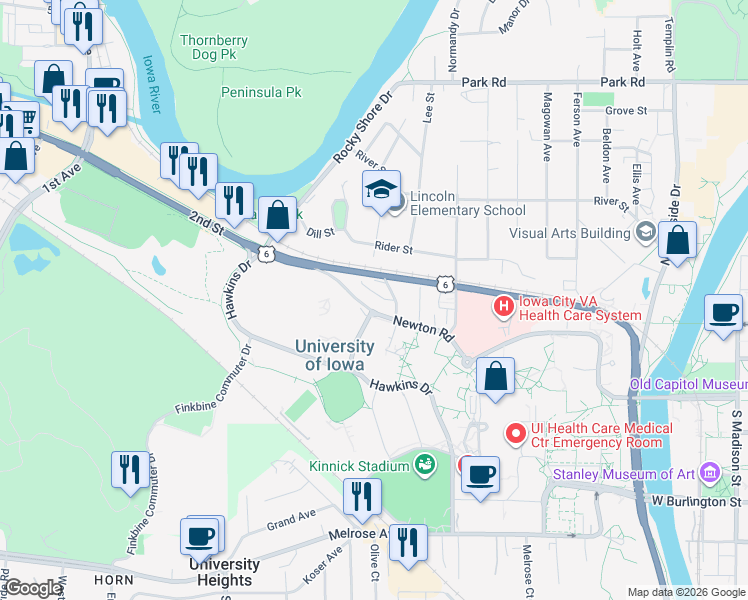 map of restaurants, bars, coffee shops, grocery stores, and more near 1 Elliott Drive in Iowa City