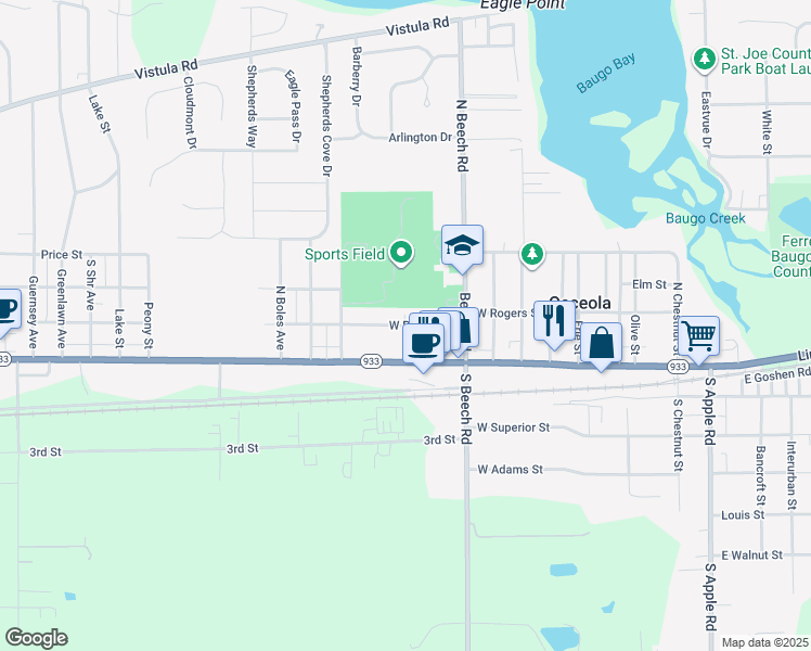 map of restaurants, bars, coffee shops, grocery stores, and more near 1109 West Rogers Street in Osceola