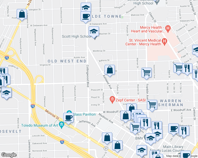 map of restaurants, bars, coffee shops, grocery stores, and more near 418 West Bancroft Street in Toledo