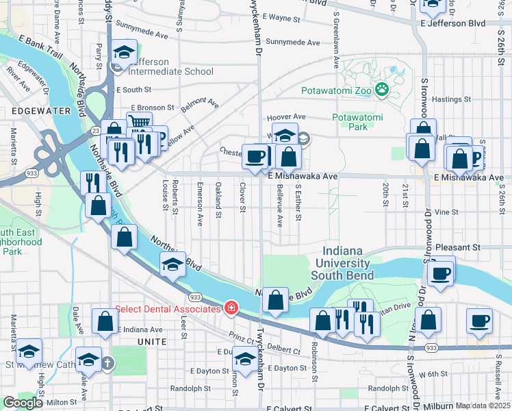 map of restaurants, bars, coffee shops, grocery stores, and more near 939 South Twyckenham Drive in South Bend