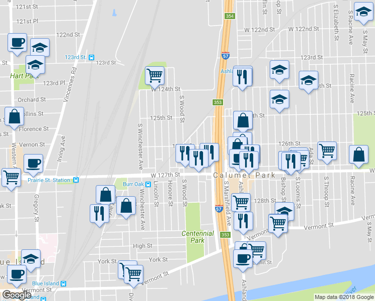 map of restaurants, bars, coffee shops, grocery stores, and more near 12605 Wood Street in Calumet Park
