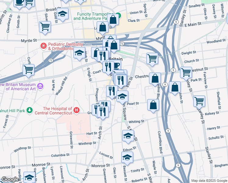 map of restaurants, bars, coffee shops, grocery stores, and more near 23 Glen Street in New Britain