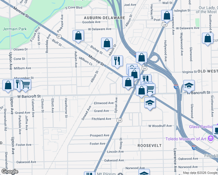 map of restaurants, bars, coffee shops, grocery stores, and more near 2212 Academy Avenue in Toledo