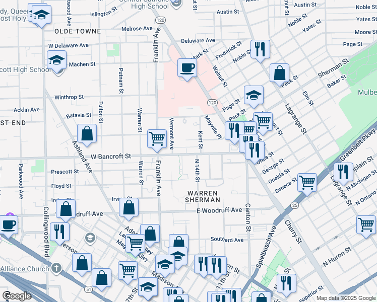 map of restaurants, bars, coffee shops, grocery stores, and more near 2145 North 14th Street in Toledo