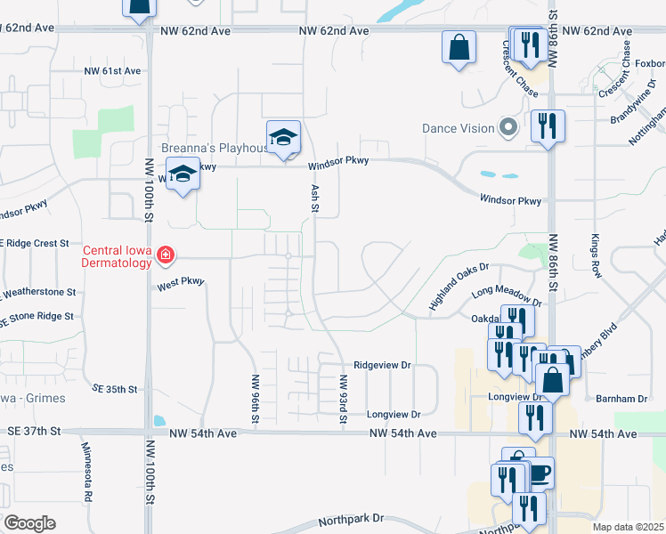 map of restaurants, bars, coffee shops, grocery stores, and more near 5728 Northwest 92nd Court in Johnston