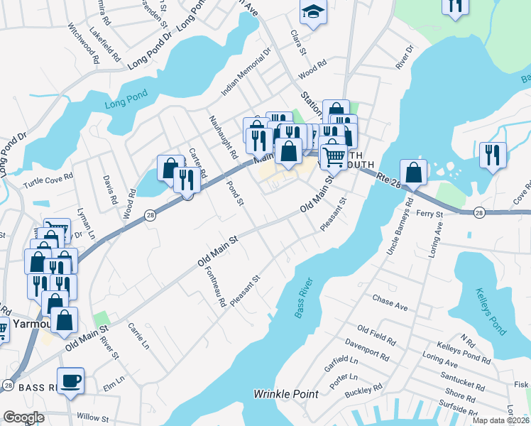 map of restaurants, bars, coffee shops, grocery stores, and more near 246 Old Main Street in Yarmouth