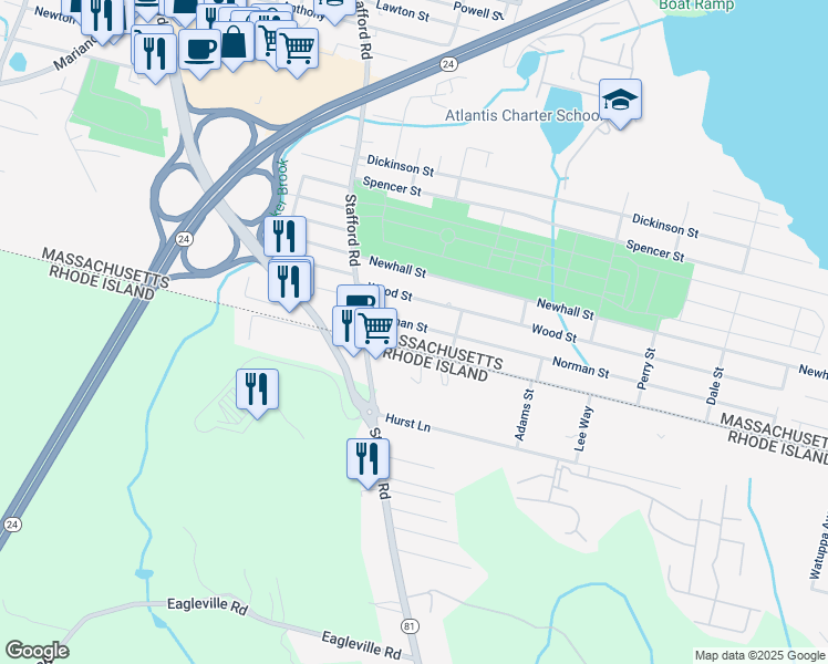 map of restaurants, bars, coffee shops, grocery stores, and more near 147 Norman Street in Fall River