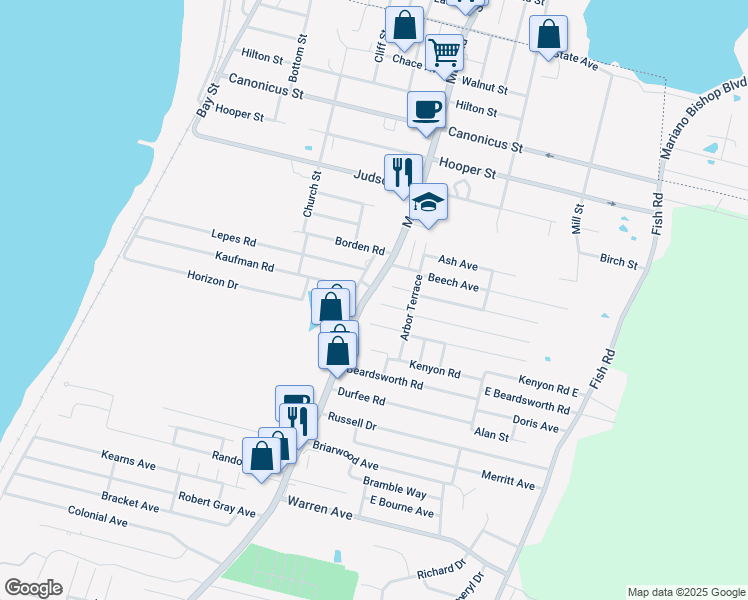 map of restaurants, bars, coffee shops, grocery stores, and more near 336 Main Road in Tiverton