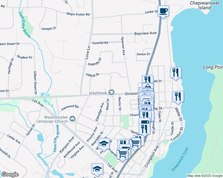 map of restaurants, bars, coffee shops, grocery stores, and more near 56 Shady Glen Drive in East Greenwich