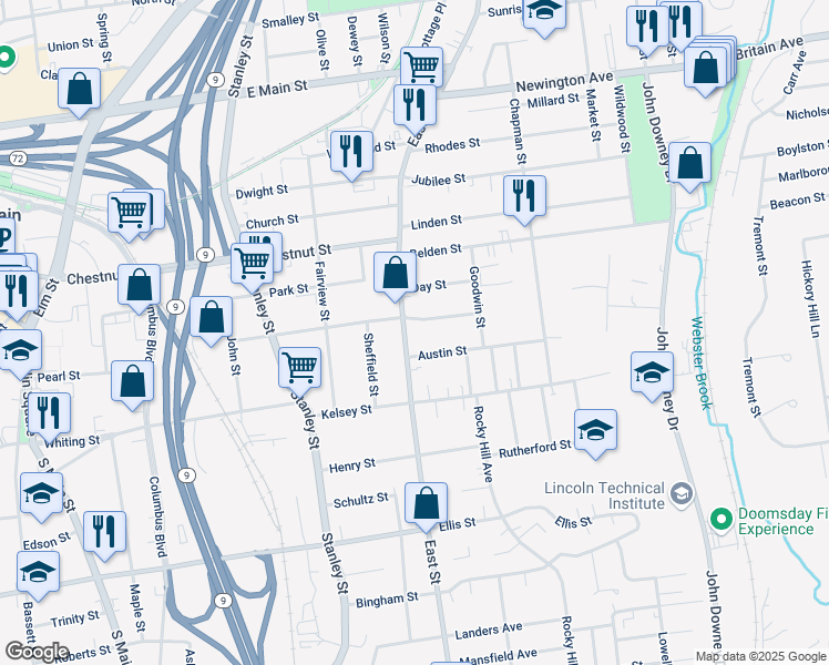map of restaurants, bars, coffee shops, grocery stores, and more near 4 Austin Street in New Britain