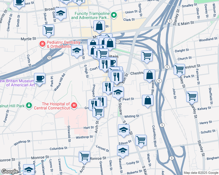 map of restaurants, bars, coffee shops, grocery stores, and more near 31 Glen Street in New Britain