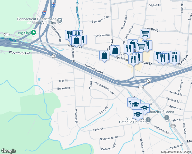 map of restaurants, bars, coffee shops, grocery stores, and more near 500 Black Rock Avenue in New Britain