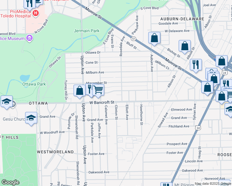 map of restaurants, bars, coffee shops, grocery stores, and more near 1727 Freeman Street in Toledo