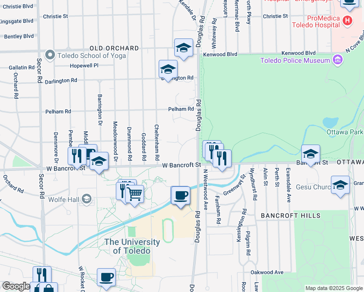 map of restaurants, bars, coffee shops, grocery stores, and more near 2239 University Hills Boulevard in Toledo