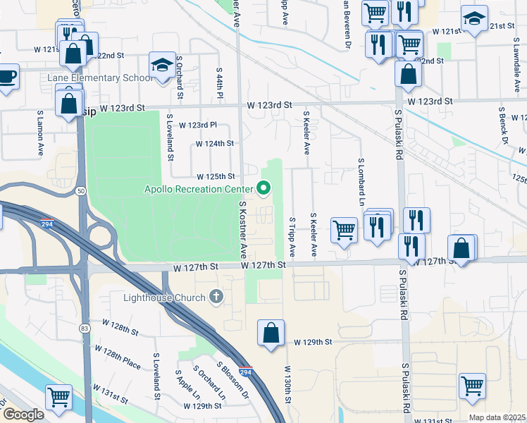 map of restaurants, bars, coffee shops, grocery stores, and more near 4309 West Park Lane Drive in Alsip