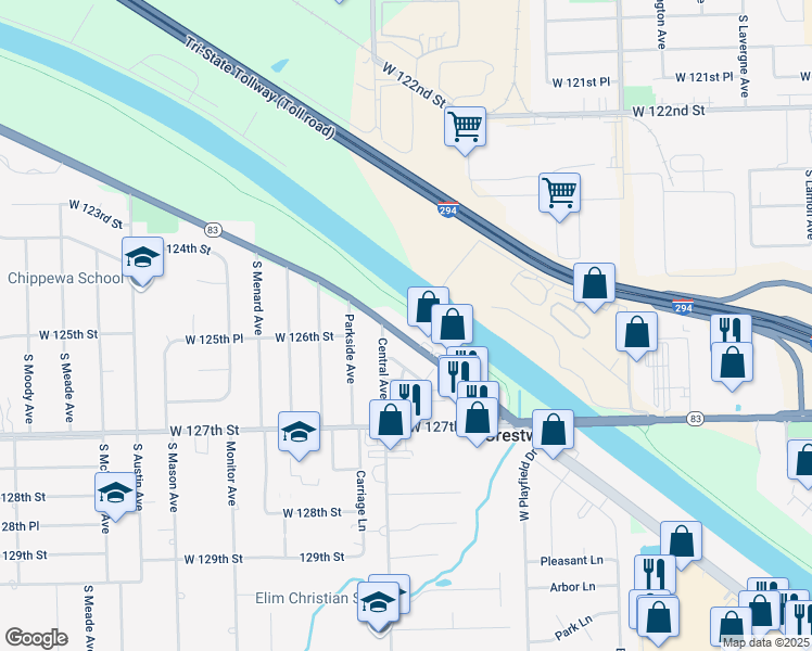 map of restaurants, bars, coffee shops, grocery stores, and more near 12535 West College Drive in Alsip