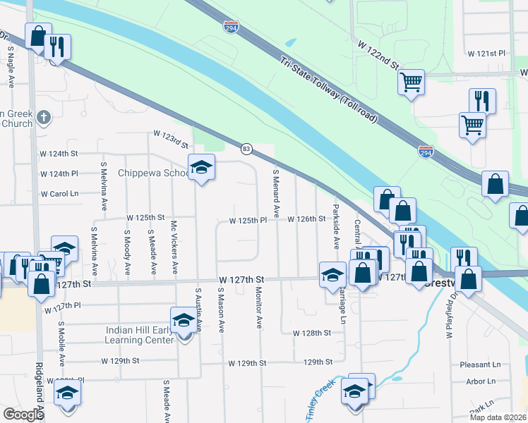 map of restaurants, bars, coffee shops, grocery stores, and more near 12528 South Menard Avenue in Alsip