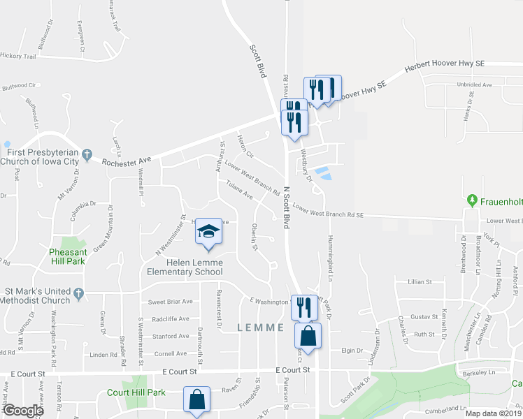 map of restaurants, bars, coffee shops, grocery stores, and more near 209 Oberlin Street in Iowa City