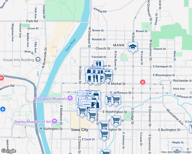 map of restaurants, bars, coffee shops, grocery stores, and more near 210 North Linn Street in Iowa City