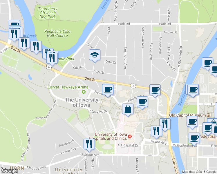 map of restaurants, bars, coffee shops, grocery stores, and more near 24 Lincoln Avenue in Iowa City