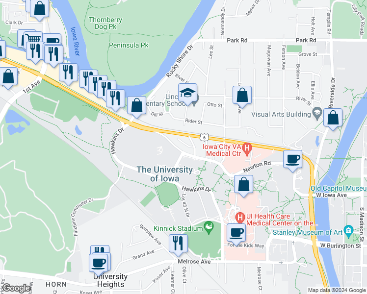 map of restaurants, bars, coffee shops, grocery stores, and more near 1 Elliott Drive in Iowa City