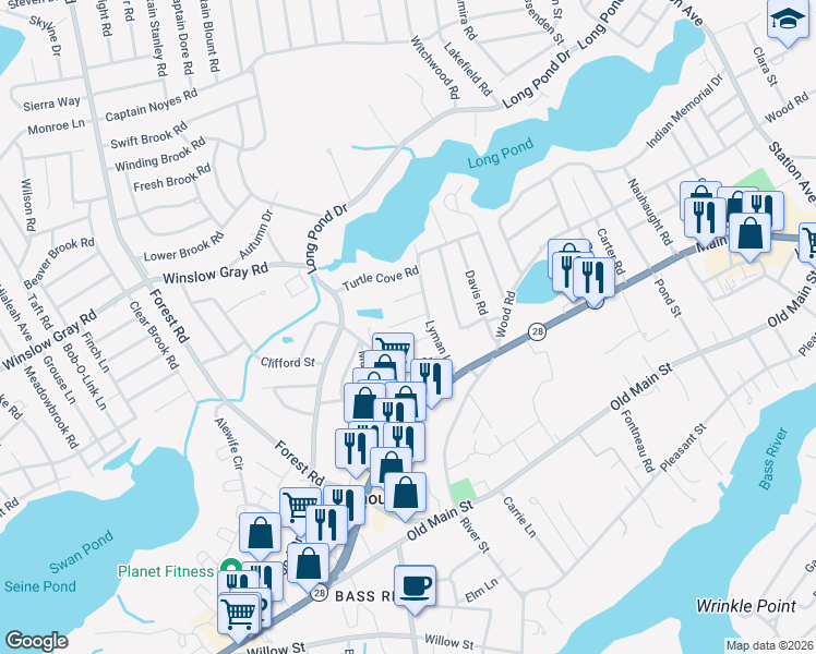 map of restaurants, bars, coffee shops, grocery stores, and more near 10 Ivy Lane in Yarmouth