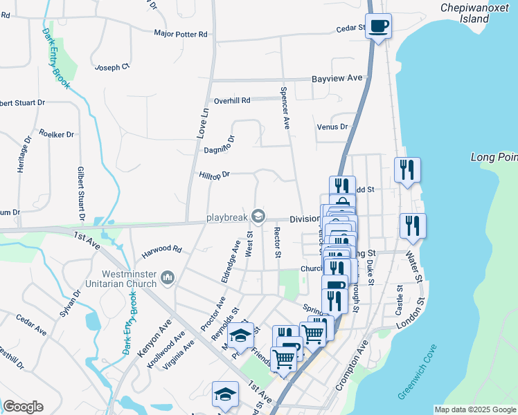 map of restaurants, bars, coffee shops, grocery stores, and more near 56 Shady Glen Drive in East Greenwich