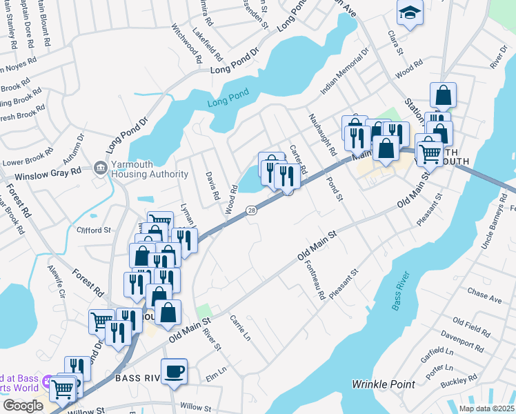 map of restaurants, bars, coffee shops, grocery stores, and more near 1175 Massachusetts 28 in Yarmouth