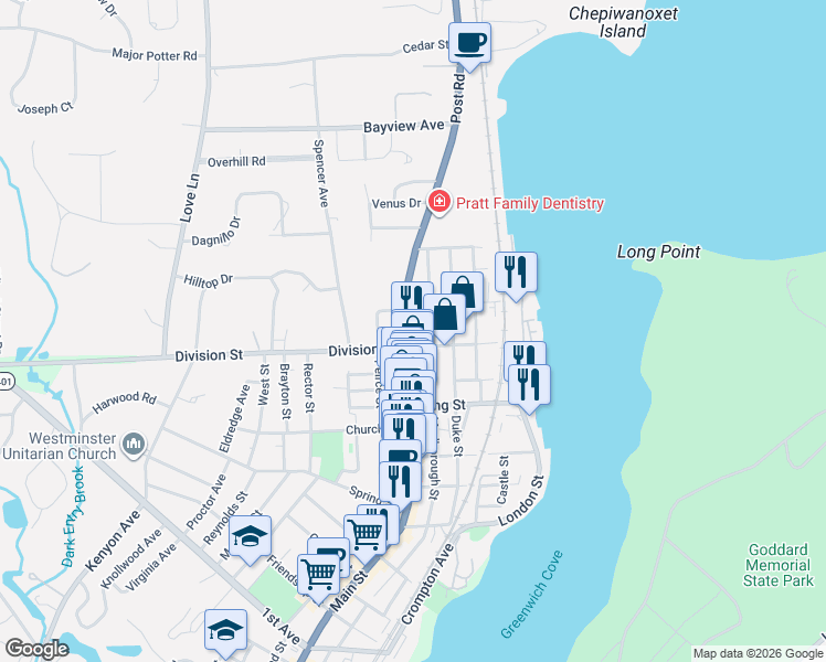 map of restaurants, bars, coffee shops, grocery stores, and more near 6 Main Street in East Greenwich