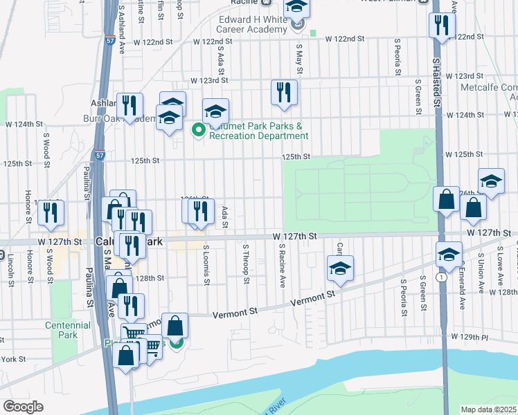 map of restaurants, bars, coffee shops, grocery stores, and more near 12610 South Elizabeth Street in Calumet Park