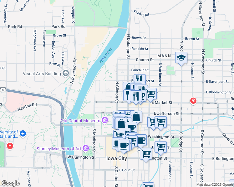 map of restaurants, bars, coffee shops, grocery stores, and more near North Clinton Street in Iowa City
