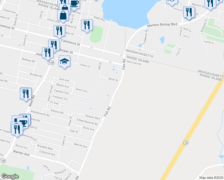 map of restaurants, bars, coffee shops, grocery stores, and more near 151 Fish Rd in Tiverton